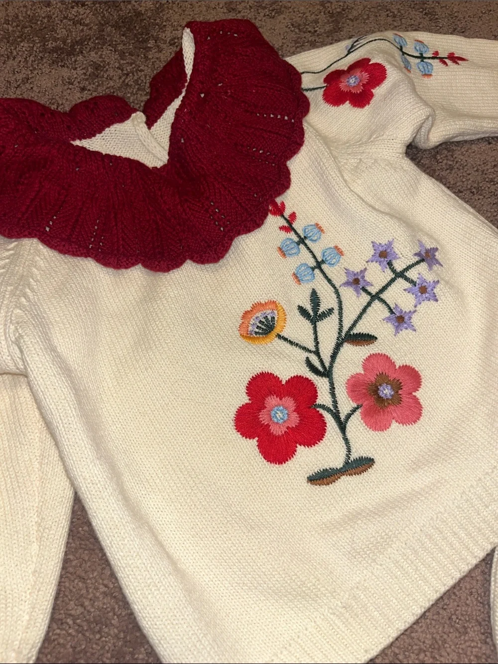 Cream & Red Floral Knit Baby Set with Ruffle Collar
